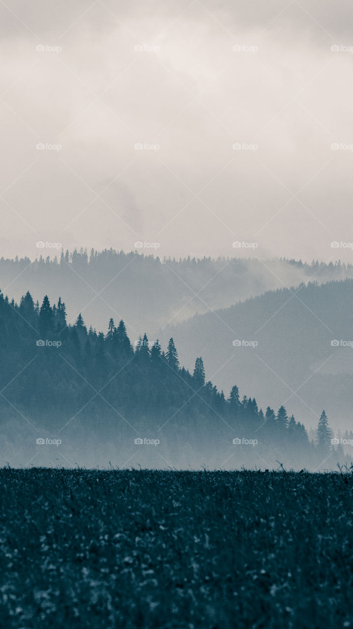 An inspiring mountain landscape. Tatry mountains in Slovakia. A beautiful wallpaper for smartphone screen. Monochrome blue abstract gradient with perspective.