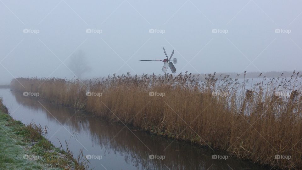 landscape in the fog mist with wind mill