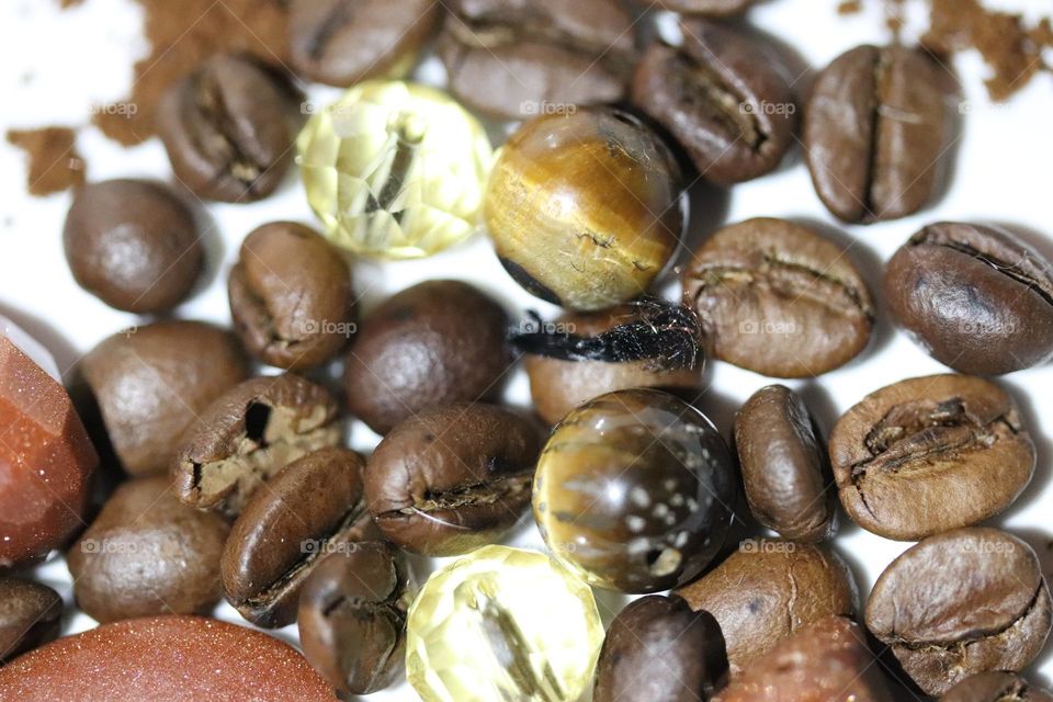 Semi-precious stones and coffee beans