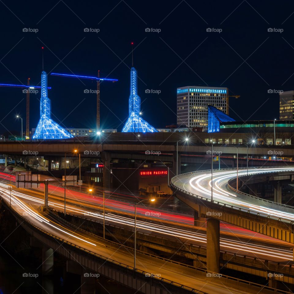 Night scene of freeway commuters in Portland Oregon 