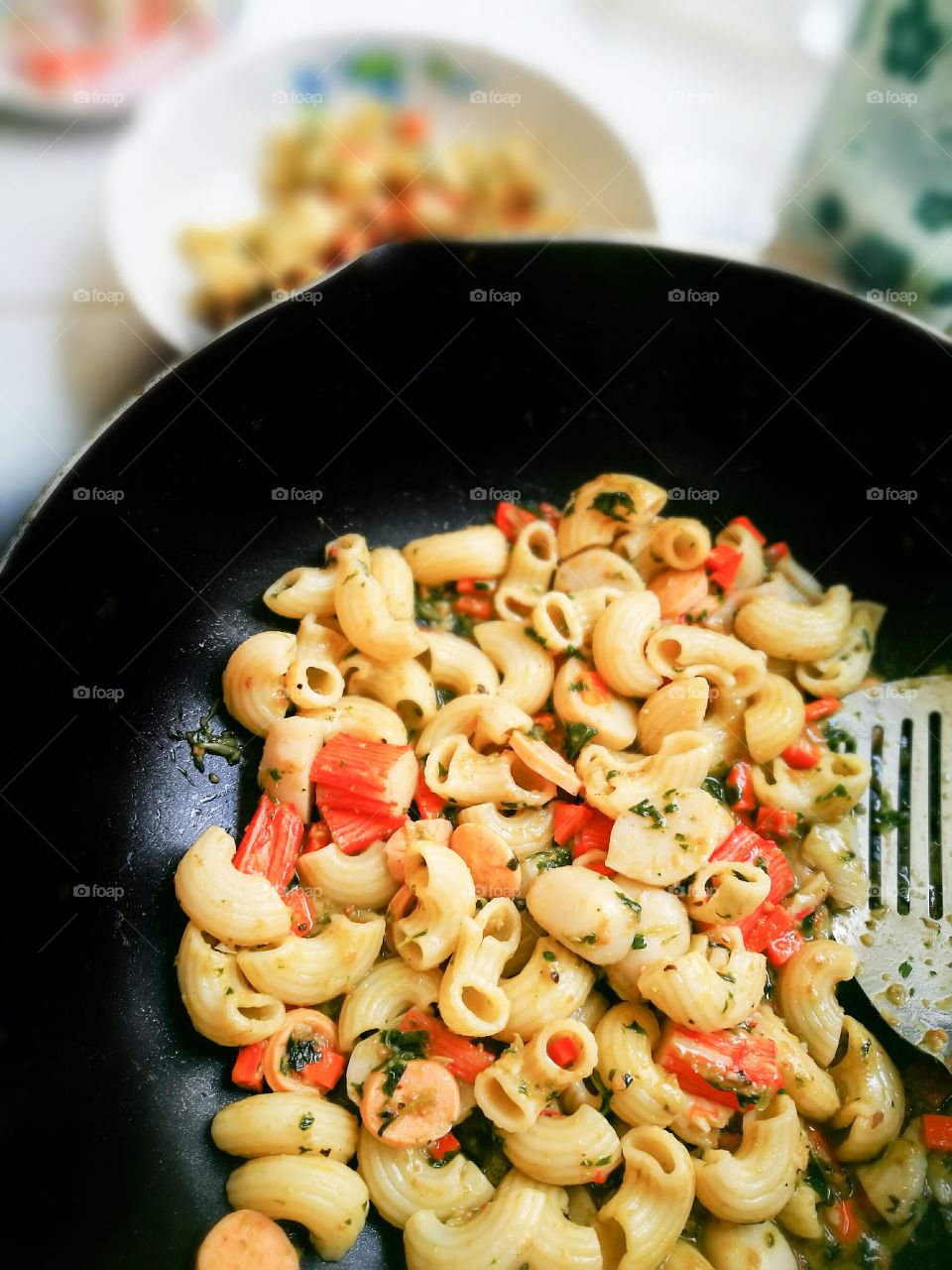 Elevated view of macaroni pasta