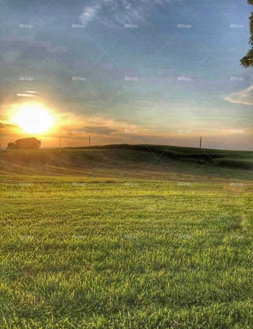 Sun setting on a farm rural Pennsylvania 
