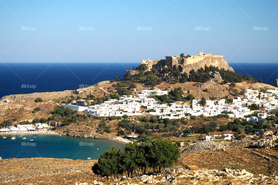 Scenic view of Lindos against clear sky