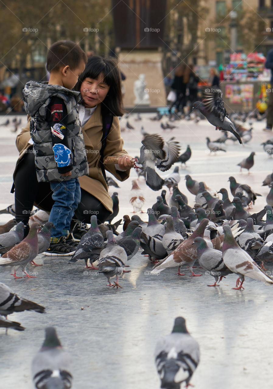 Mother, son and Pigeons 