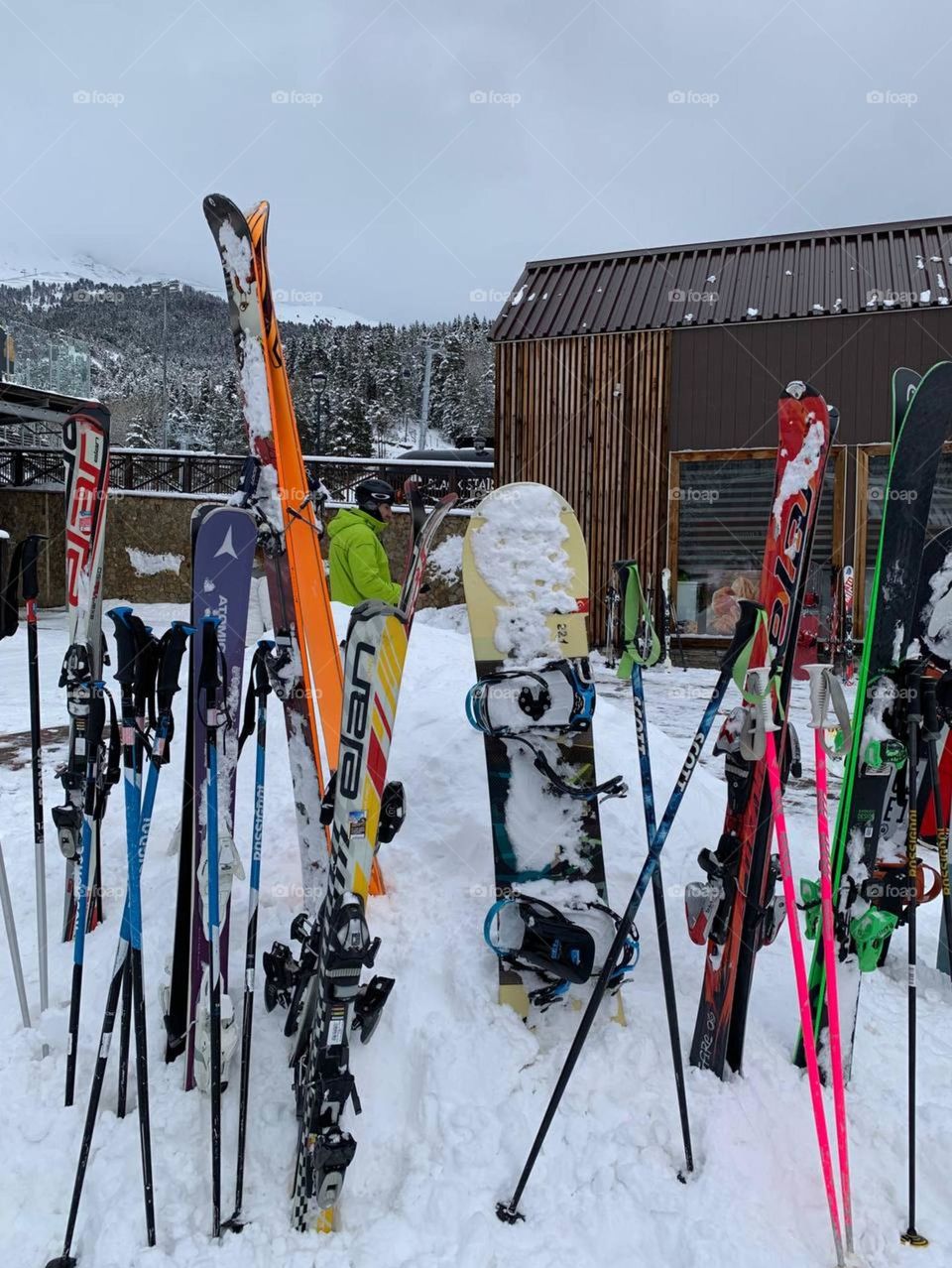 Ski equipment before descending the mountain. Winter sports