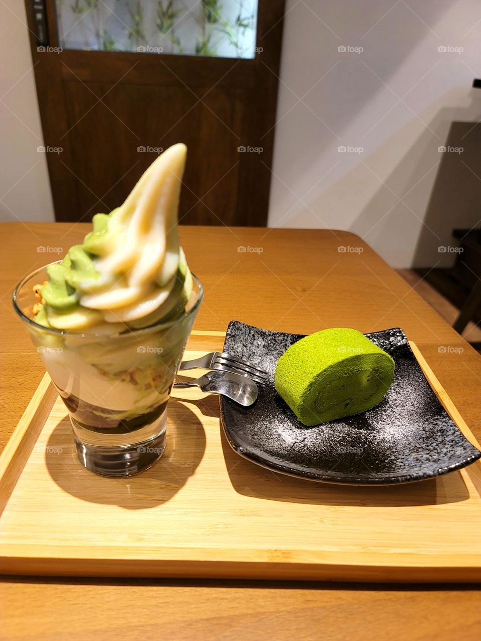 Soft-cream sundae with two flavors of soy milk and matcha.matcha Fresh Cream Swiss Roll