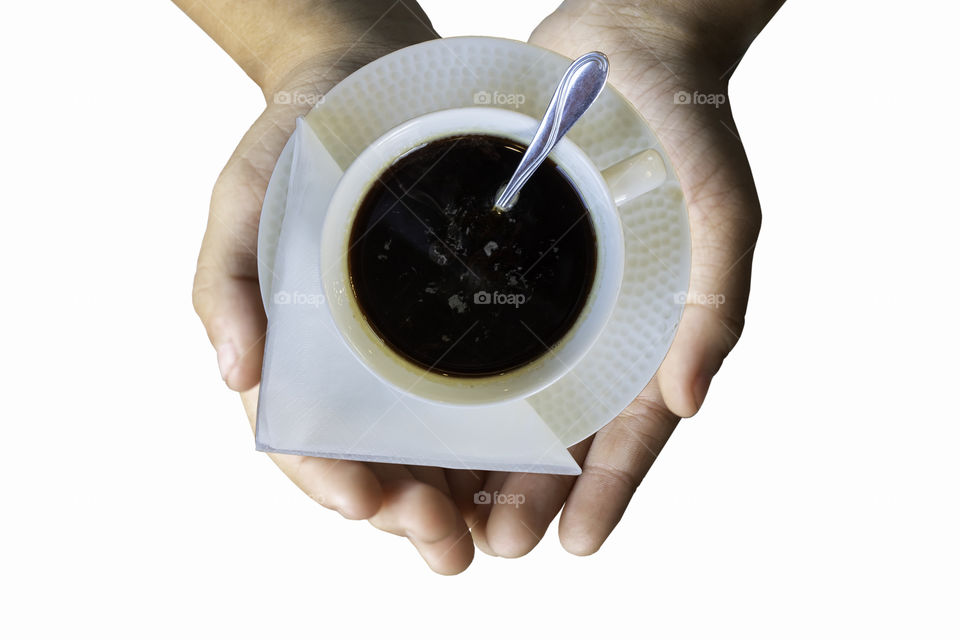 Isolated Hand holding Hot coffee Put a glass of white on a white background.