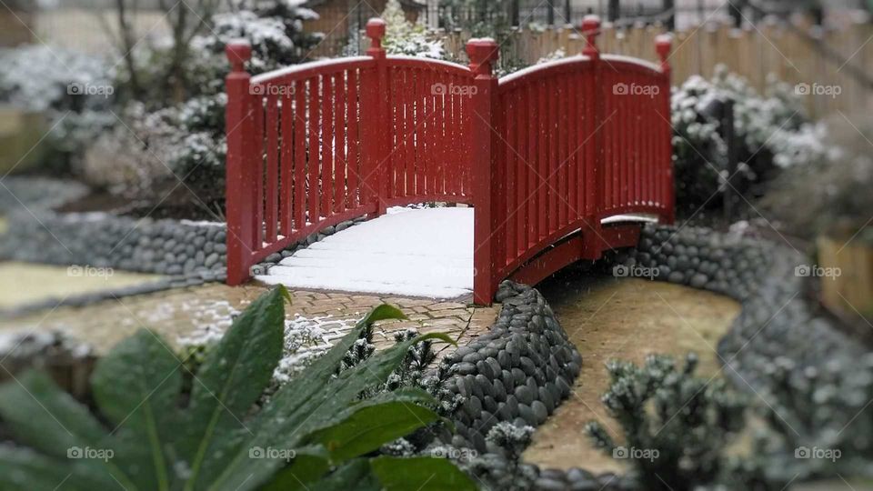 Bridge Japanese garden snow