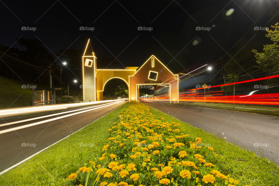 Curitiba Parana Brazil, November 30. 2019: Portal of the neighborhood of Santa Felicidade illuminated happiness for Christmas.