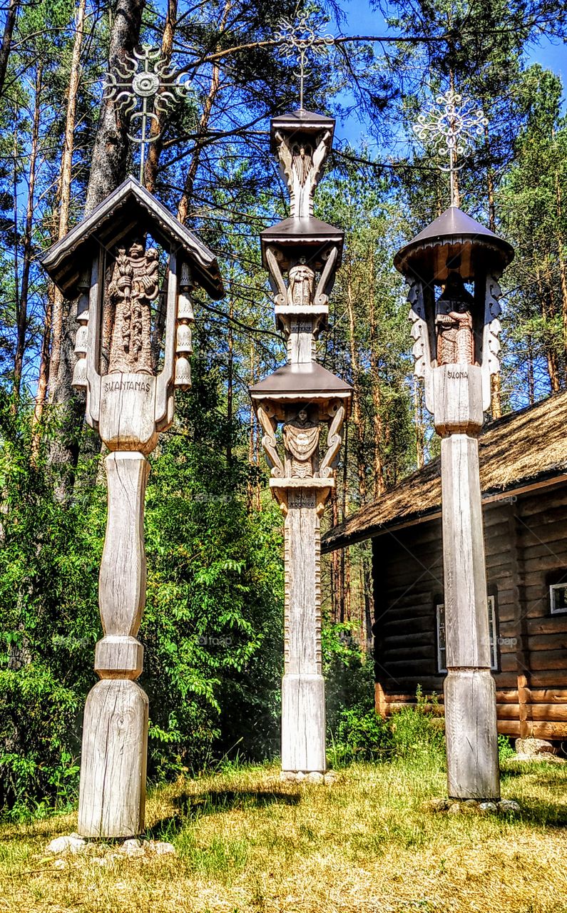 Three guard posts. (Lithuania, Druskininkai, July, 2019).