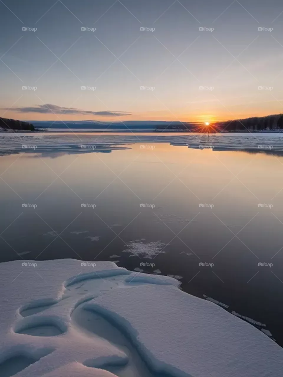 Frozen lake with sunset view