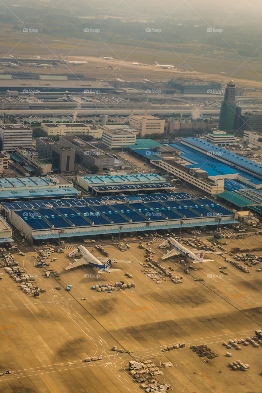 Aerial view of Narita International Airport. Late afternoon aerial view of Narita International Airport, Japan, soon after taking off from plane.