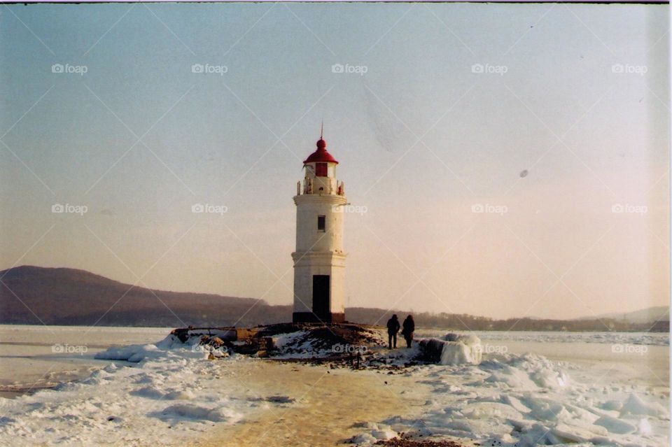 old lighthouse, cold winter, analog camera