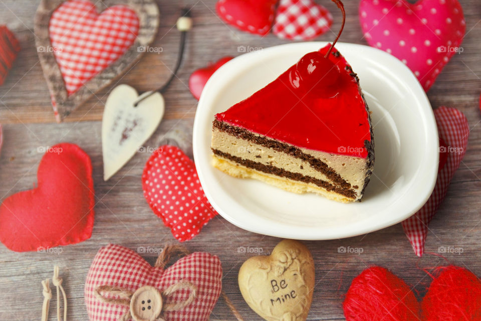 Red cake in plate, heart