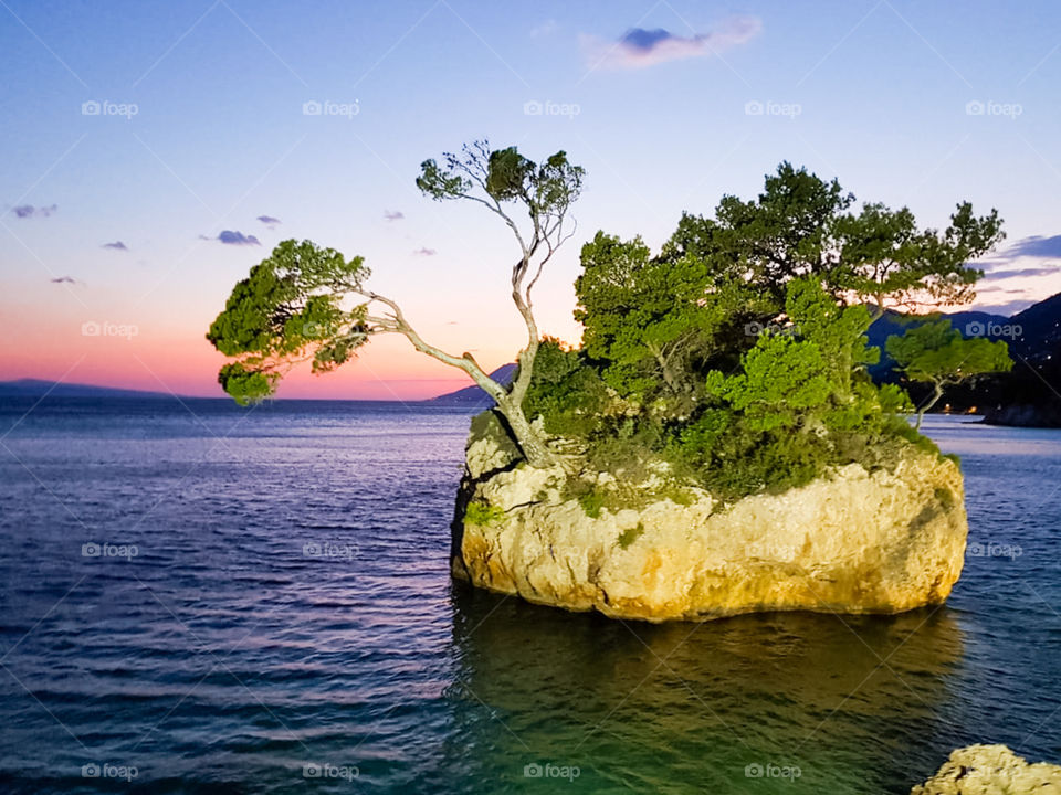 Croatia, Landmark of Dalmatia: Brela stone. Summer evening seascape with a large stone in the sea on which emerald pines grow against the backdrop of a pink sunset