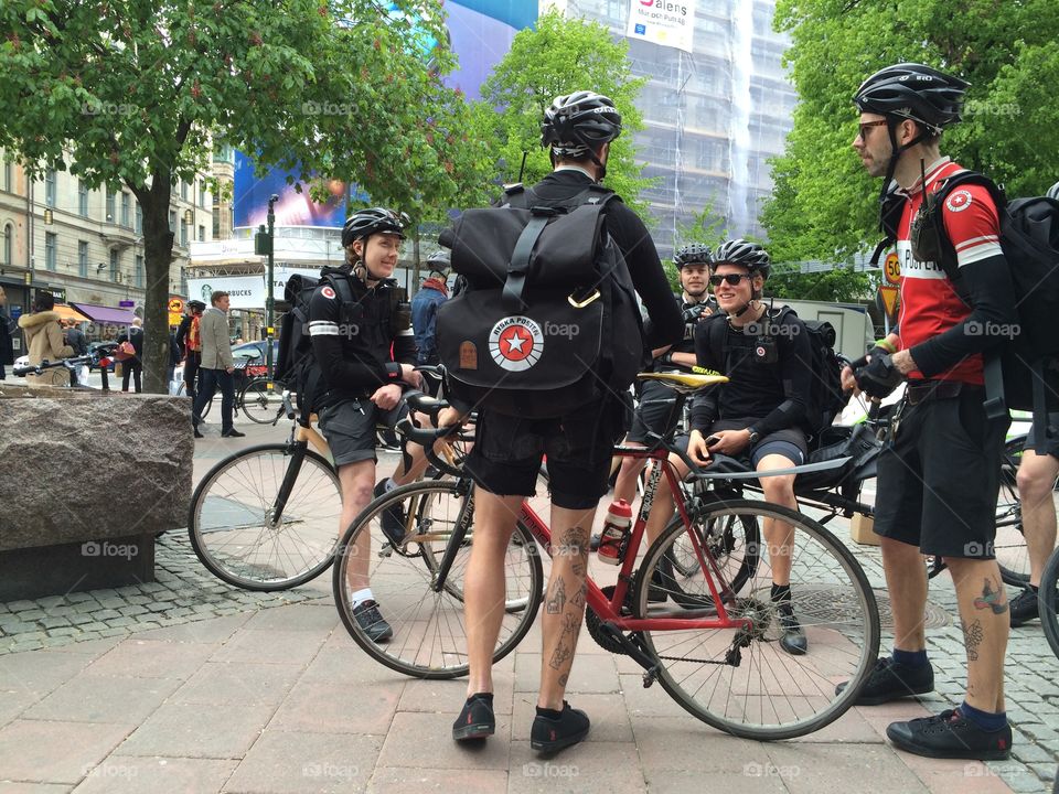 Group of couriers with bicycles in Stockholm 