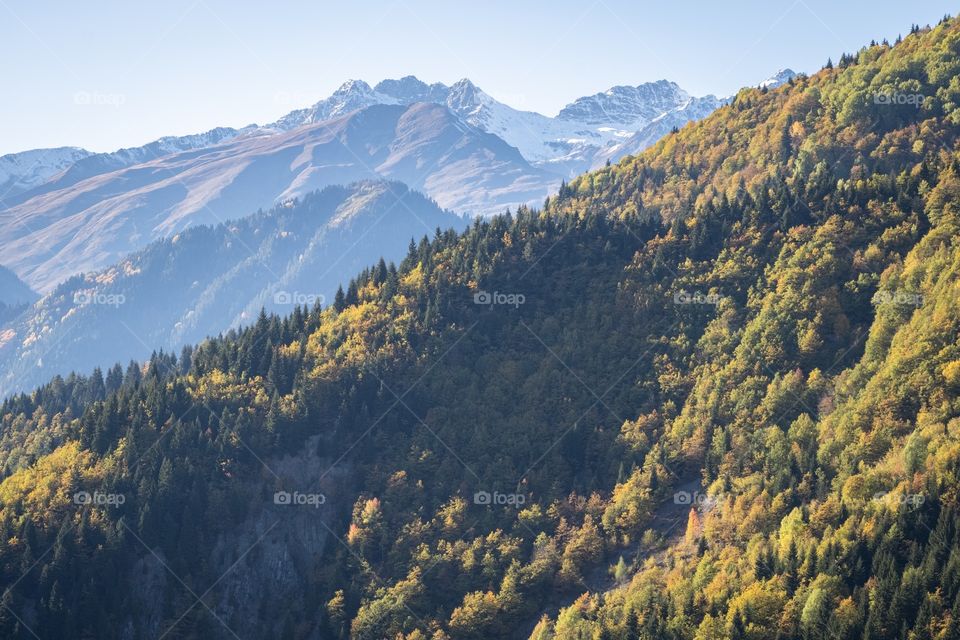 Colorful autumn scene of mountain scape along the way in Georgia 