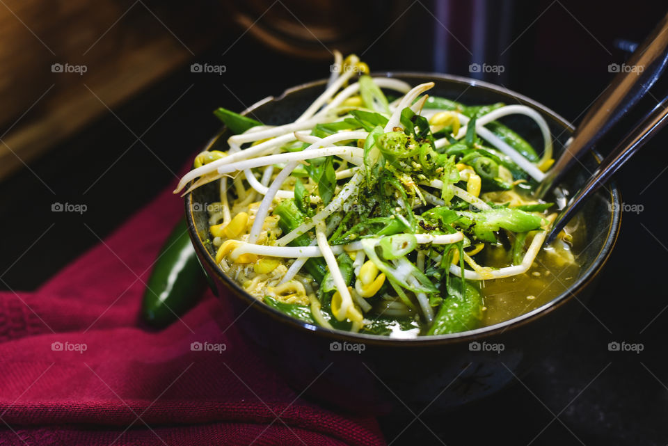 healthy hearty ramen soup with tons of vegetables