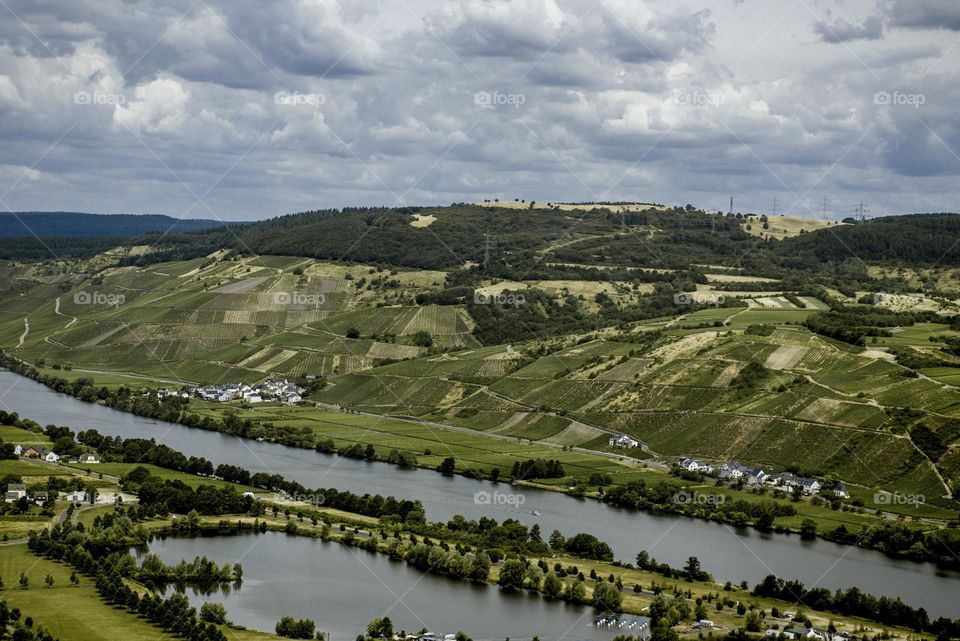 Beautiful panoramic view of the river, mountains and countryside.