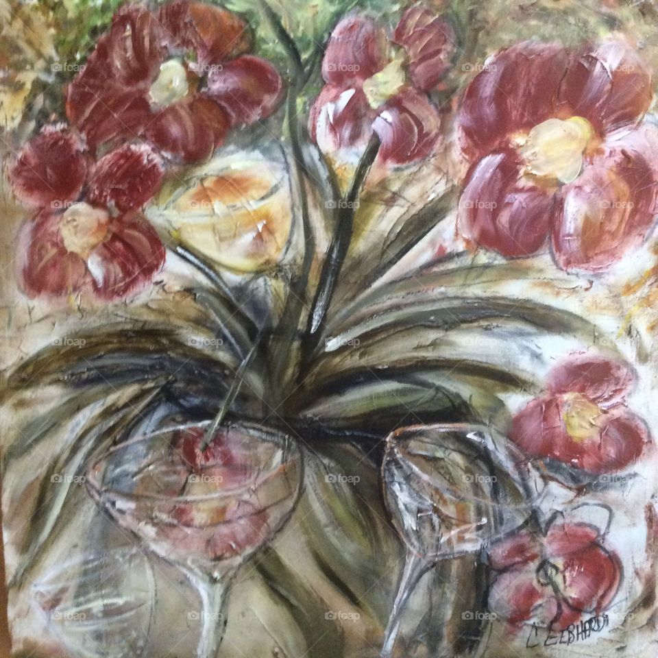 Spring fling. The picture is a painting, oil on canvas.  The picture is a fun spring fling of flowers and wine. It will be great for cards , invites,walls, pillow covers and just plain fun. Enjoy spring fling
