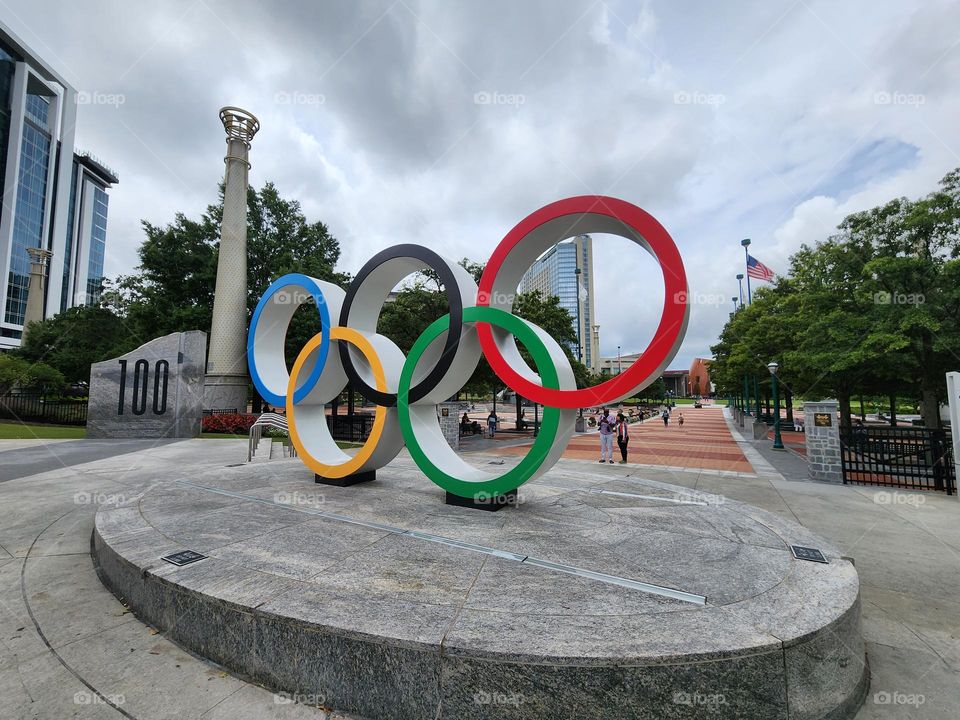 The Olympic Rings mark the entrance to Atlanta's Olympic Park which celebrates the summer games held there years ago