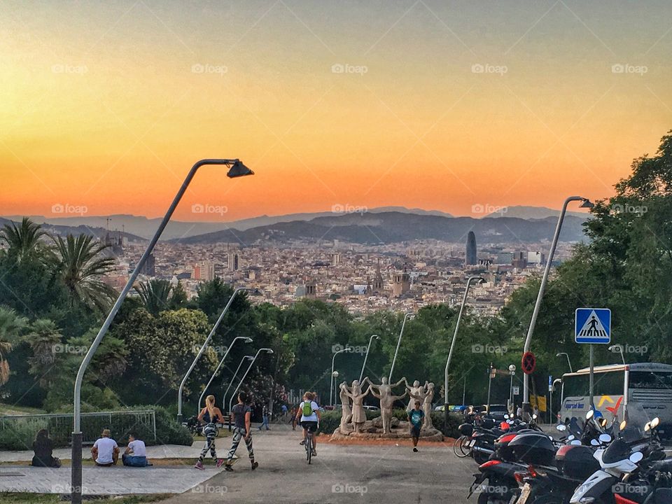 View of evening Barcelona from Monjuik 