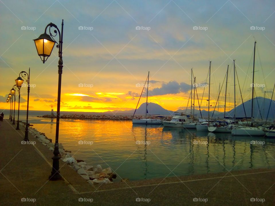 sunset at the bay with lights