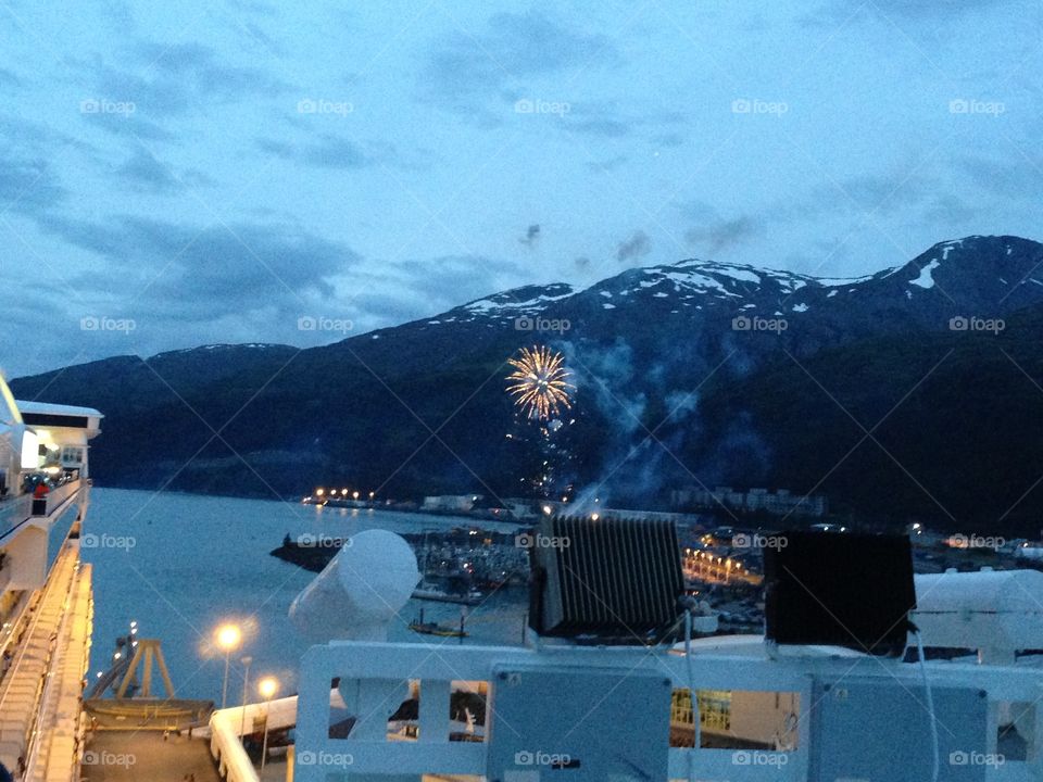 4th of July in Whittier, AK. Midnight fireworks as the cruise ship docks in Whittier, Alaska on the morning of July 4th.