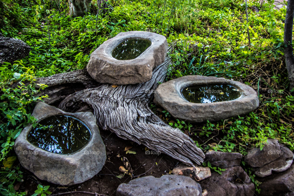 Three bird baths made from rocks in green garden