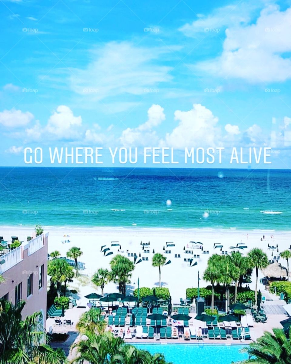 Go where you feel most alive! Sunny Florida. Photo available without tag also. Beach, sand, ocean Gulf of Mexico, Don Cesar, pink palace, hotel, resort, lodging, water, palm