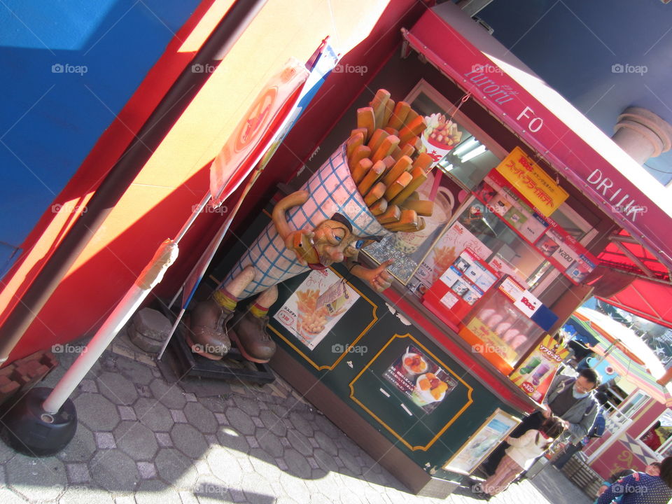 Hanayashiki Amusement Park, Asakusa, Tokyo, Japan.  French Fries Man Display