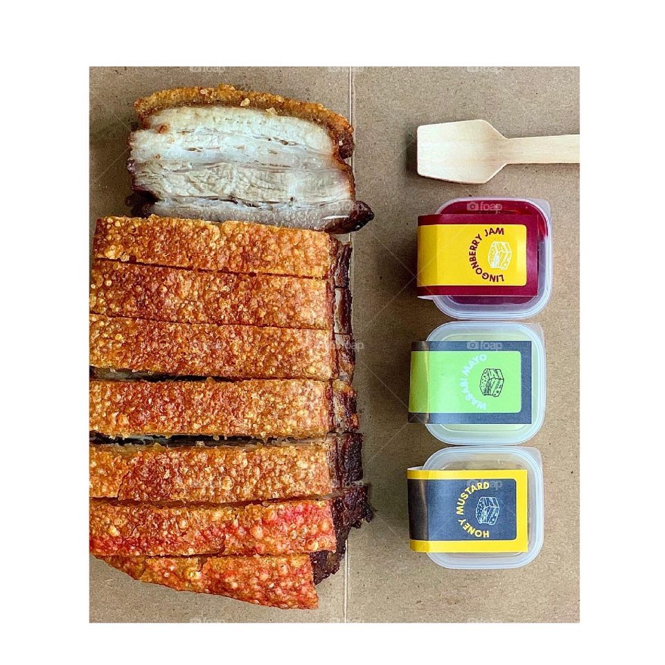 Roasted pork belly with 3 sauces: lingonberry jam, honey mustard and wasabi mayo 