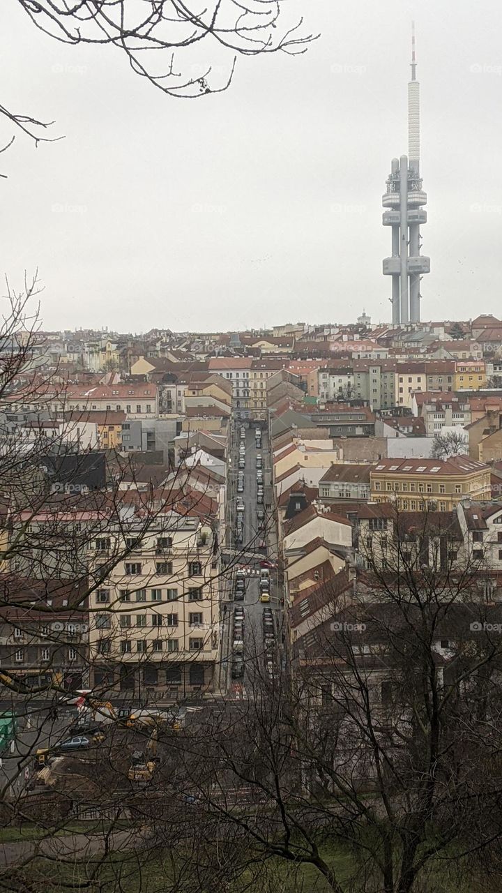 View of the Žižkov district of Prague from the top of Vítkov Hill.