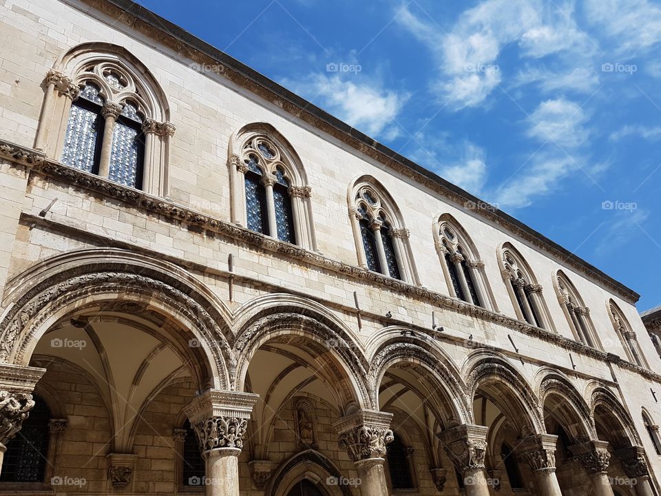 Old architectural building in Dubrovnik, Croatia, Europe, with windows and pillars
