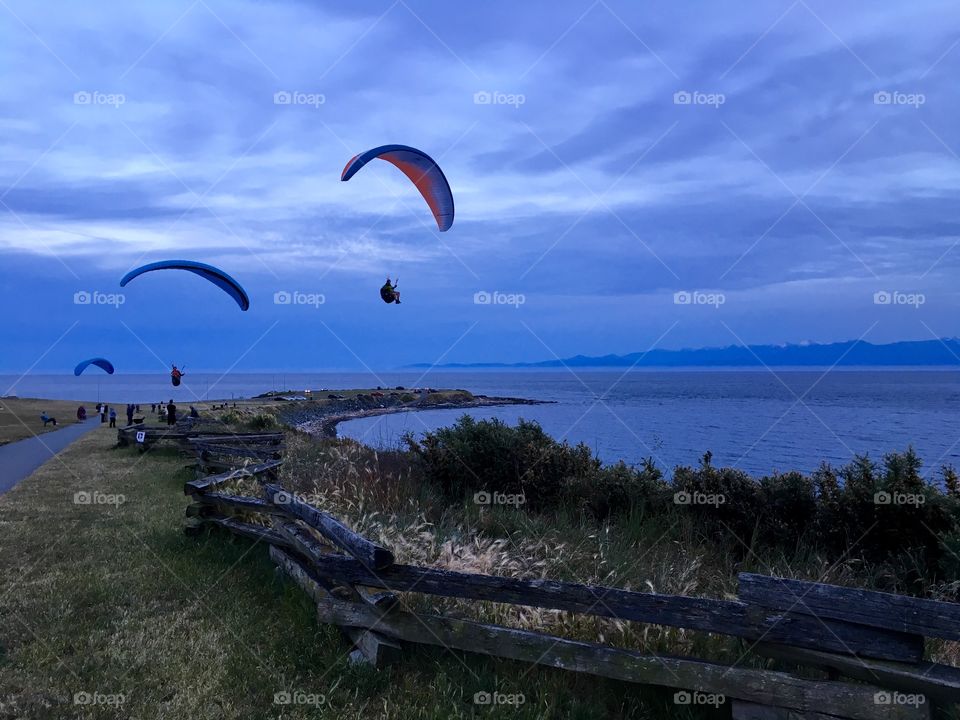Paragliders flying on coast
