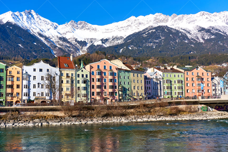 Colorful houses in Innsbruck along the Inn river, Tyrol, Austria 