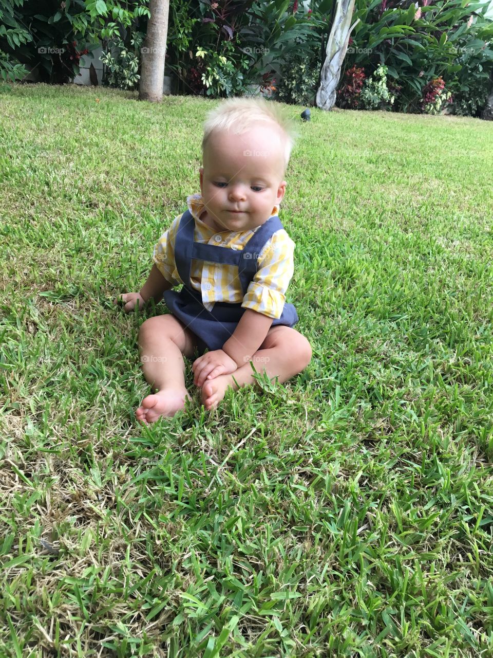A cute little 6 month old boy playing on the grass 