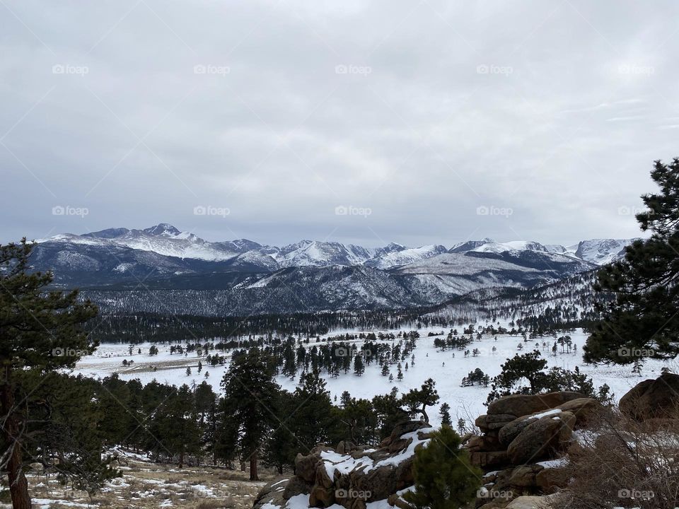 View of a snow covered mountain range. 