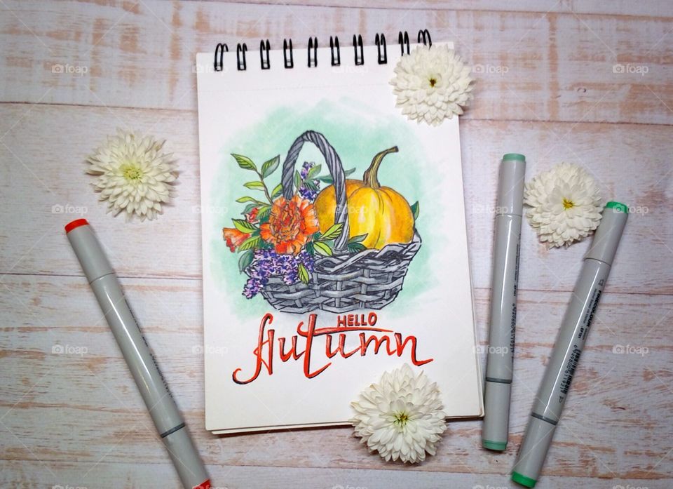 sketch of an autumn bouquet on a wooden background