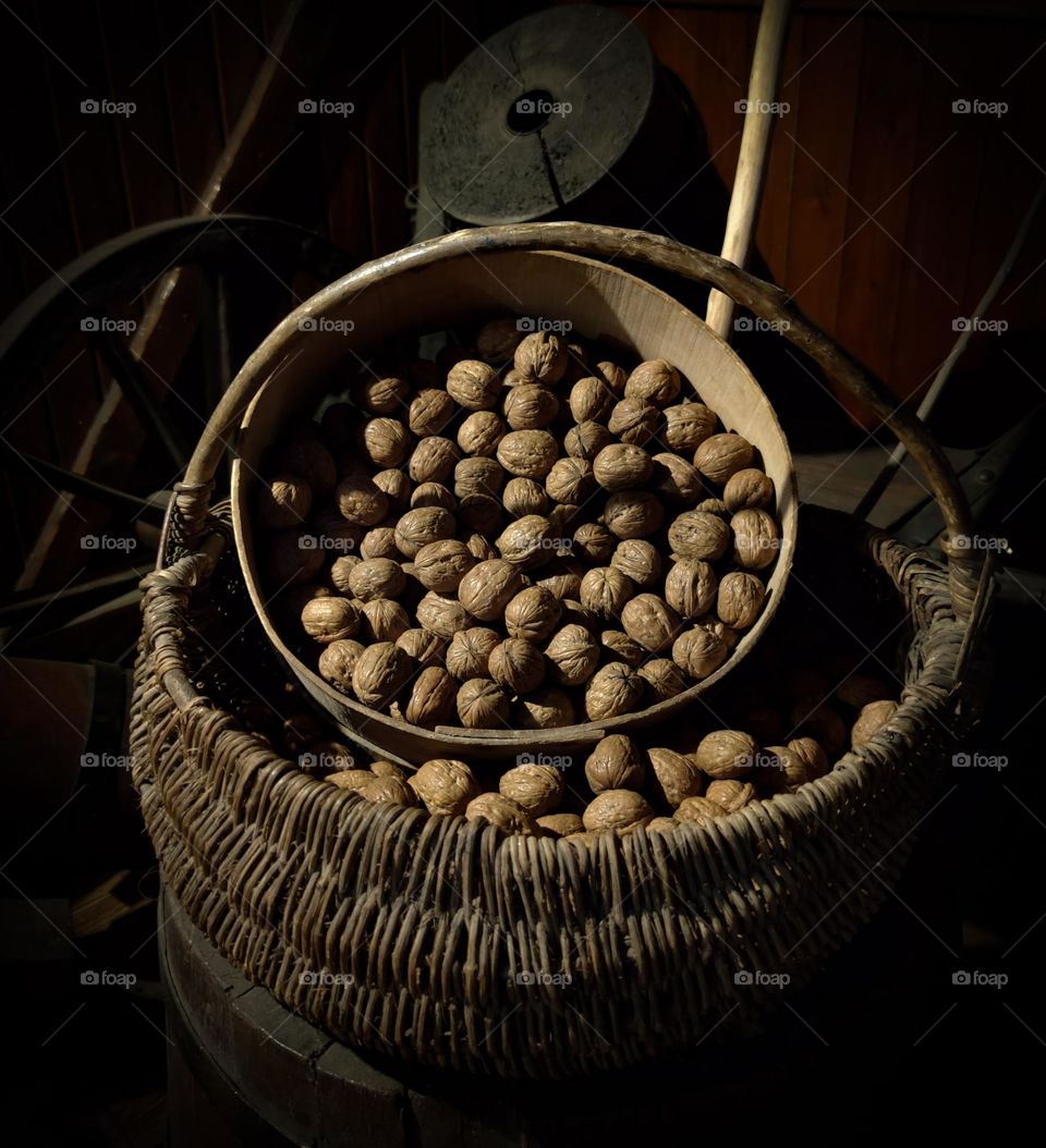 Circle shaped walnuts in a basket