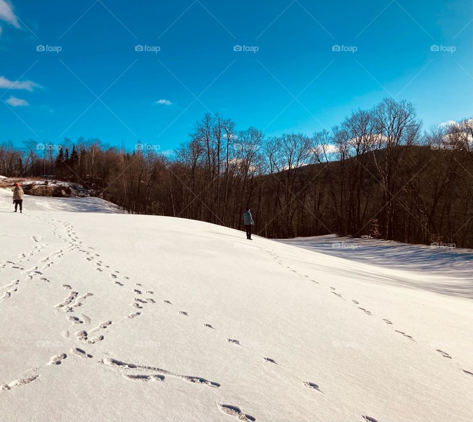 Winter hiking on a golf course.