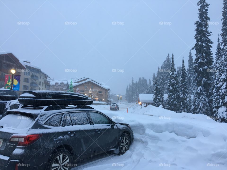 Snowing at the mountain resort 