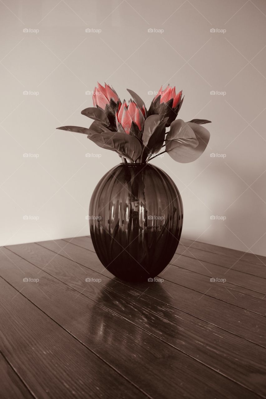 Flowers In A Vase, Pink Flowers In A Vase On A Table, Monochrome Photography 