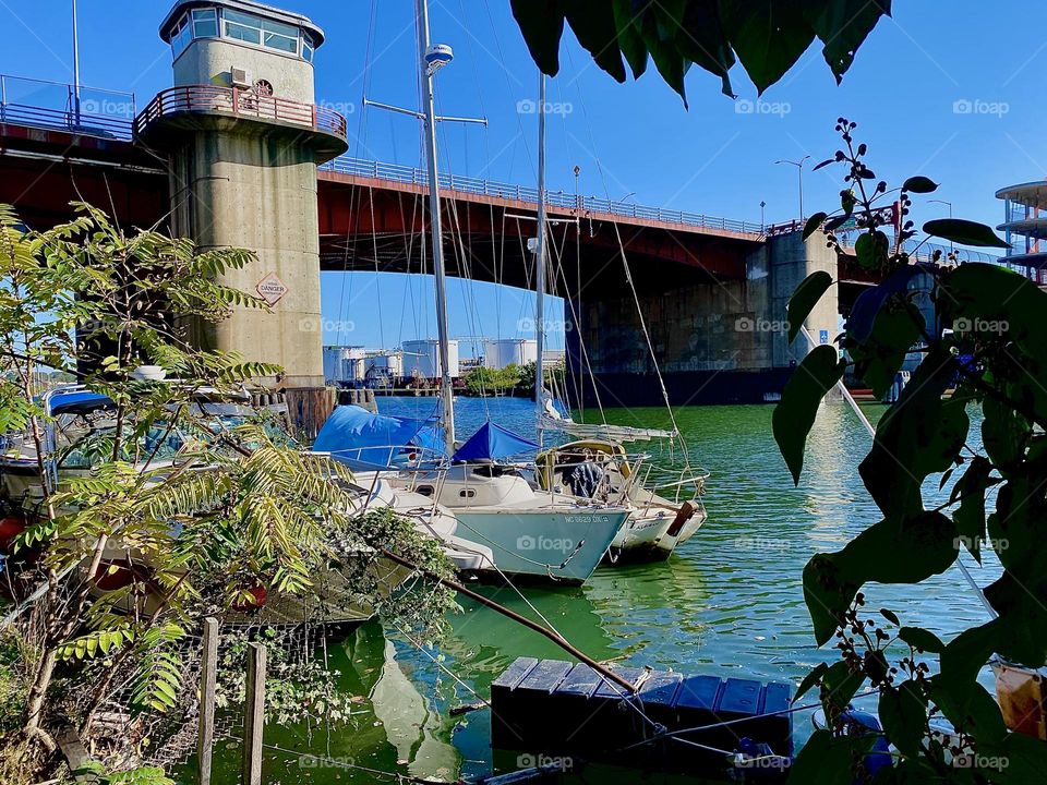 This is the “Pulaski Bridge” at “Newtown Creek” in LIC, Queens seen through the foliage of bushes on the narrow strip of land on the LIC shore. Two sailboats can also be seen on the “East River”. 2023. Hypnotic Productions