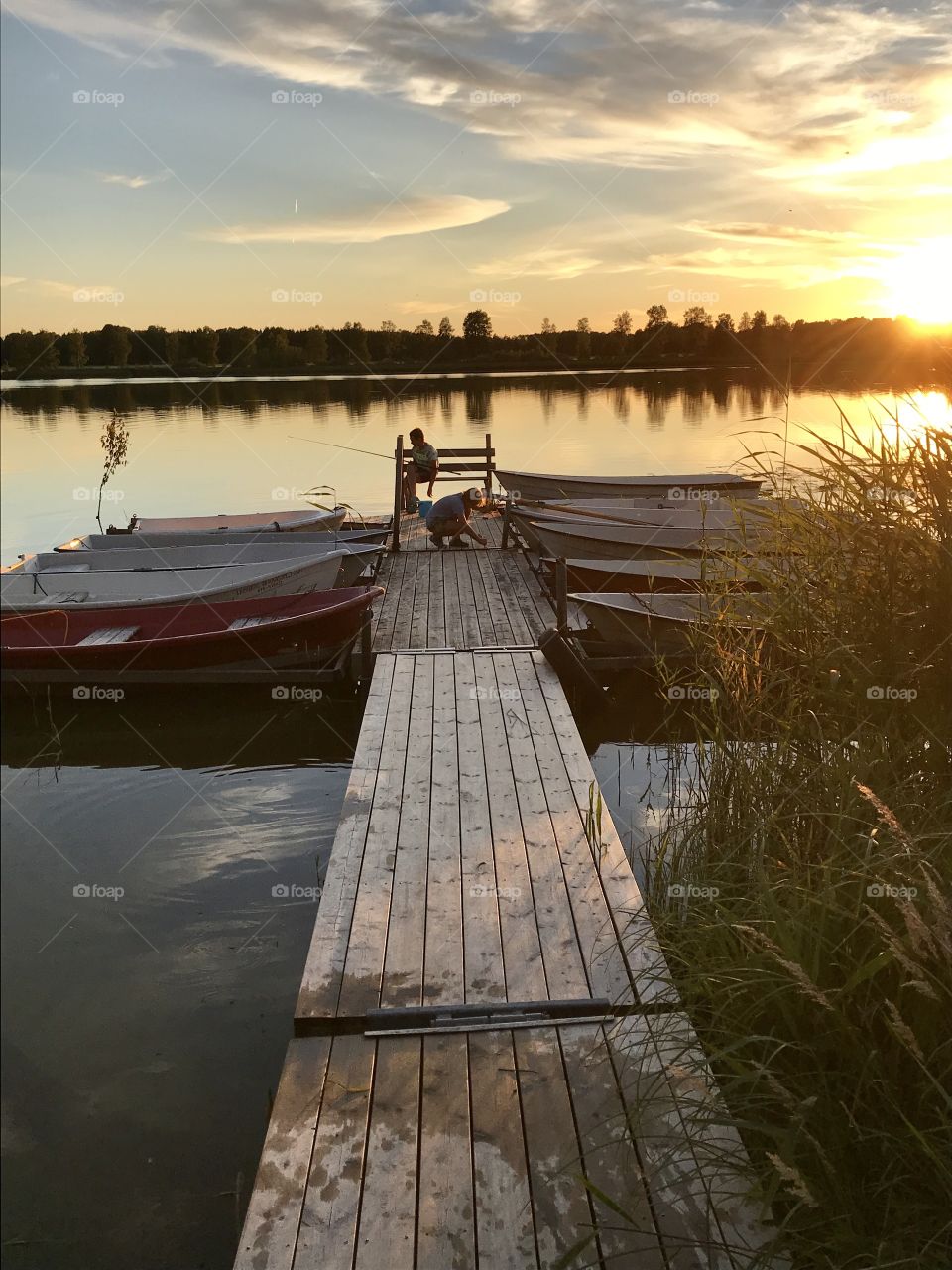 Wooden jetty with row boats on the side of a calm lake at dusk