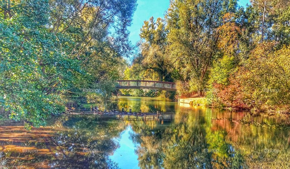 A Bridge over a beautiful lake in colourful autumn