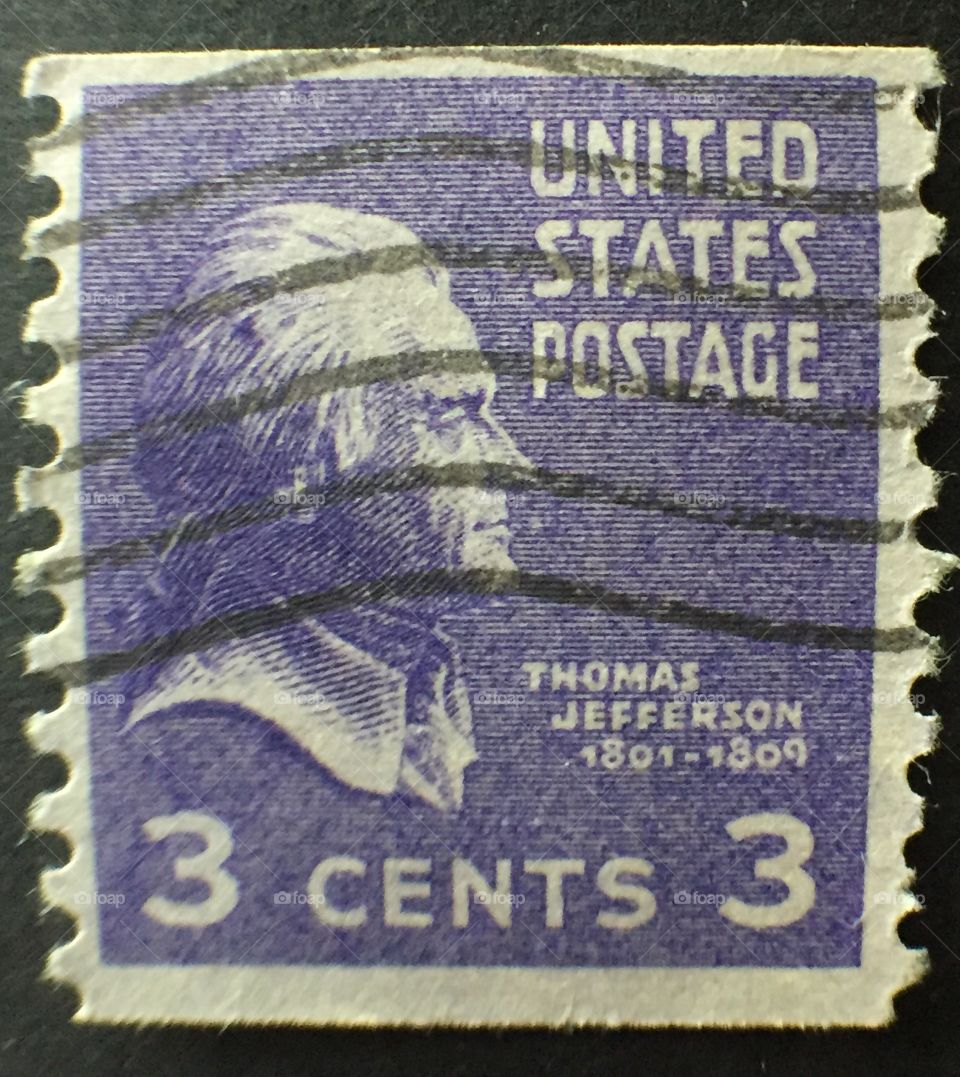 Thomas Jefferson stamp 1801-1809. United States postage stamp three cents. In purple ink