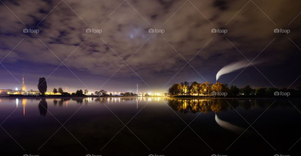 panorama of Riga on a cold winter night. Riga, Latvia