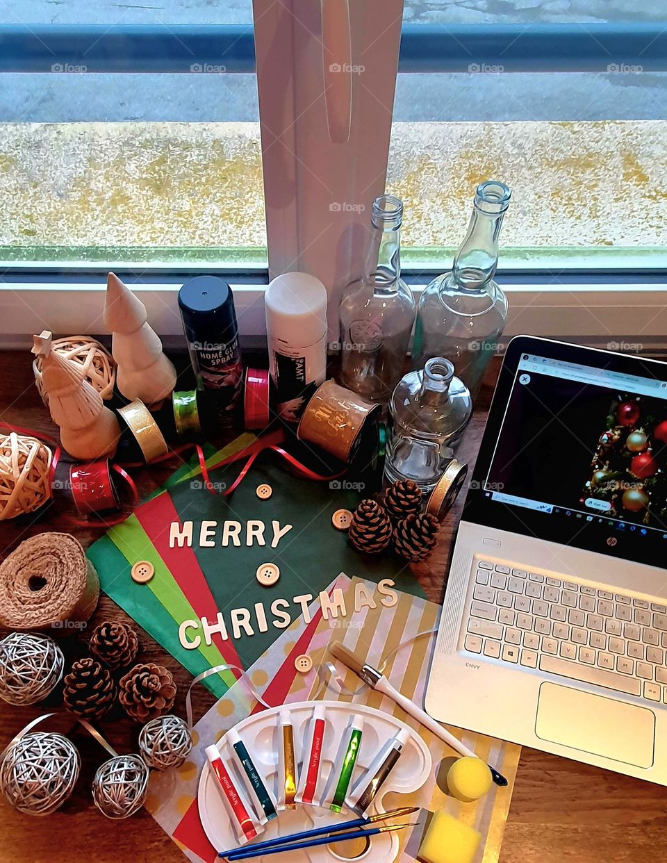 Flatlay of items to create Christmas decorations