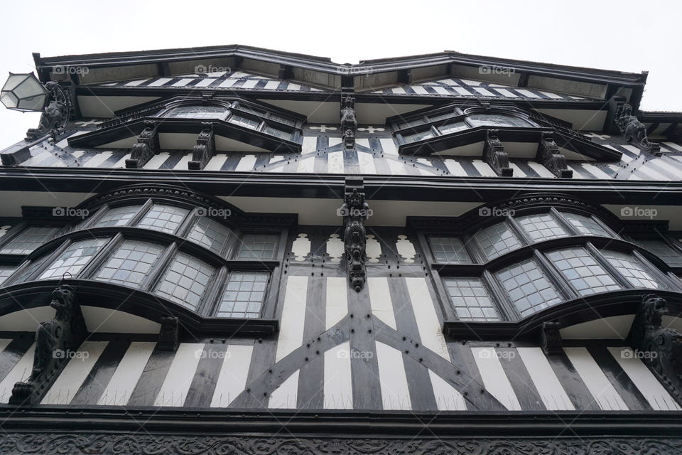 Looking upwards of a black and white building in Chester ... November ‘19